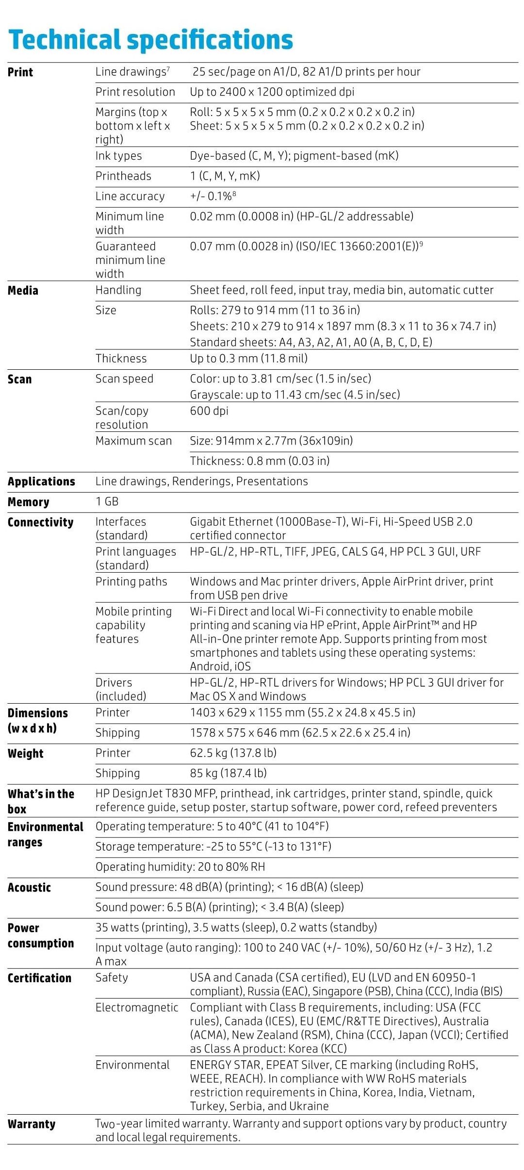 hp designjet t830 specs